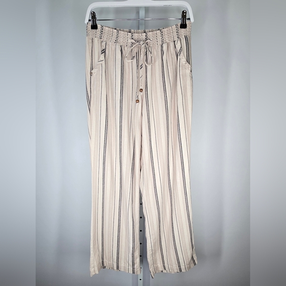 Beau Dawson Pants - Beau Dawson Linen Blend Striped Smocked Waist Wide Leg Pants Beige/Black Size L